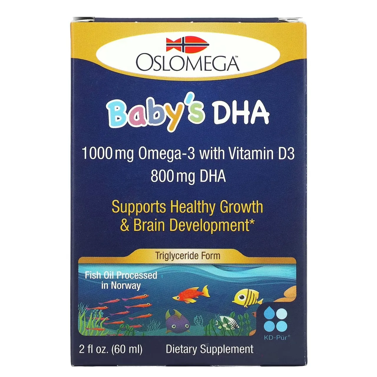 Oslomega, Norvegiya seriyasi, bolalar uchun D3 vitamini bilan dokosaheksaenoik kislota (DHA), 60 ml#1