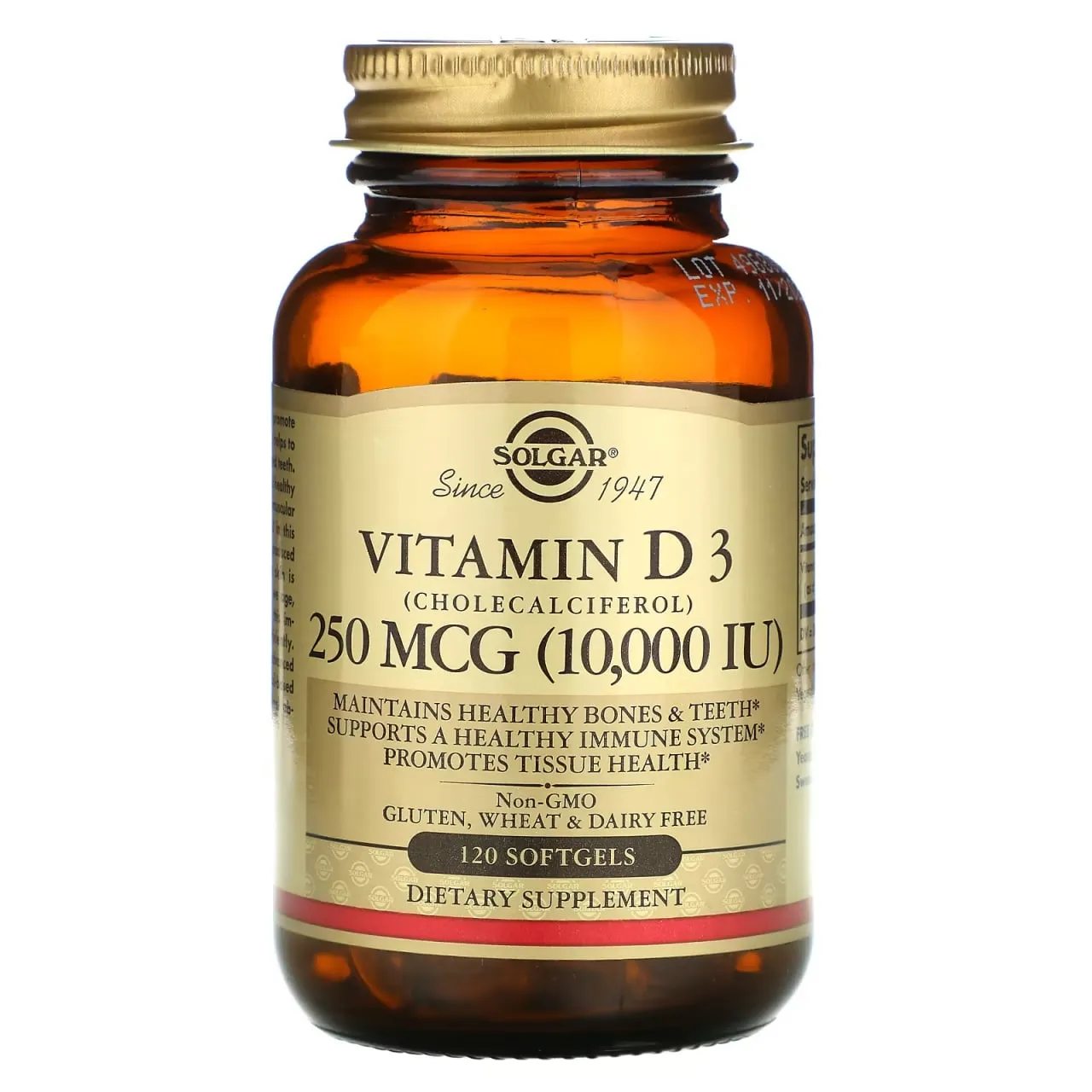 Solgar, витамин D3 (холекальциферол), 250 мкг (10 000 МЕ), 120 капсул#1