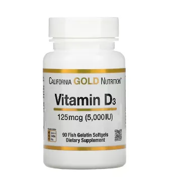 California Gold Nutrition, витамин D3, 125 мкг (5000 МЕ), 90 капсул из рыбьего желатина#1