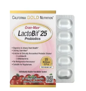 Пробиотики California Gold Nutrition, Lactobif, Cran-Max, 25 млрд КОЕ, 30 растительных капсул#1