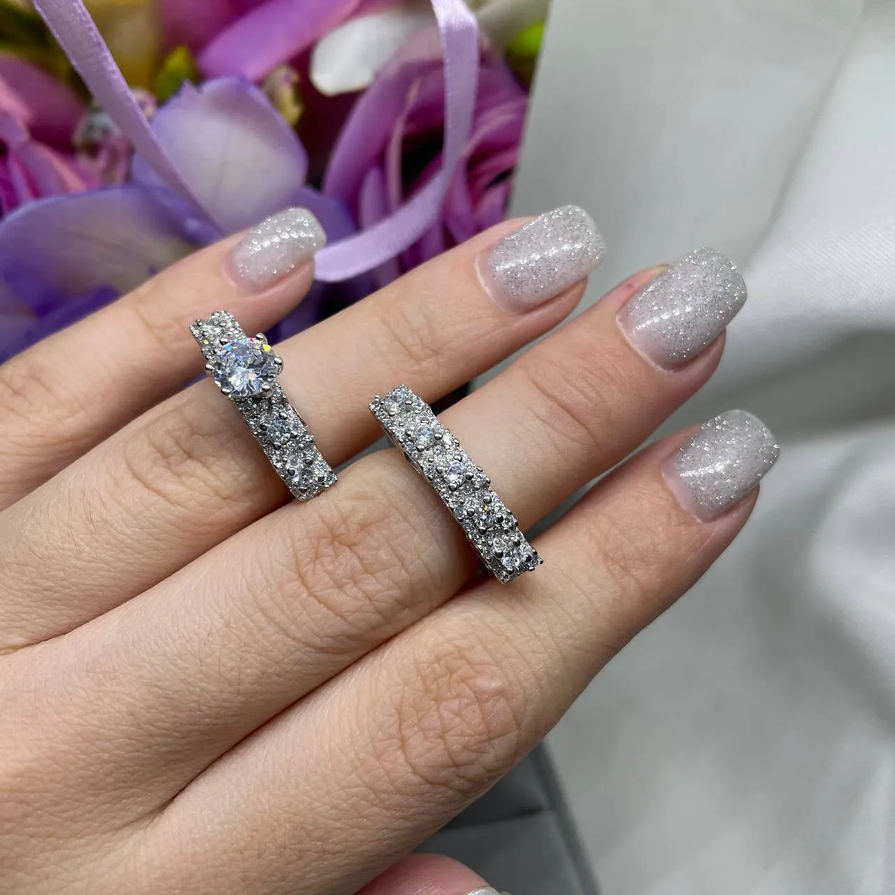 Шикарные парные кольца под бриллиант Серебро 925-проба размер-16 в комплекте 2 штуки#2