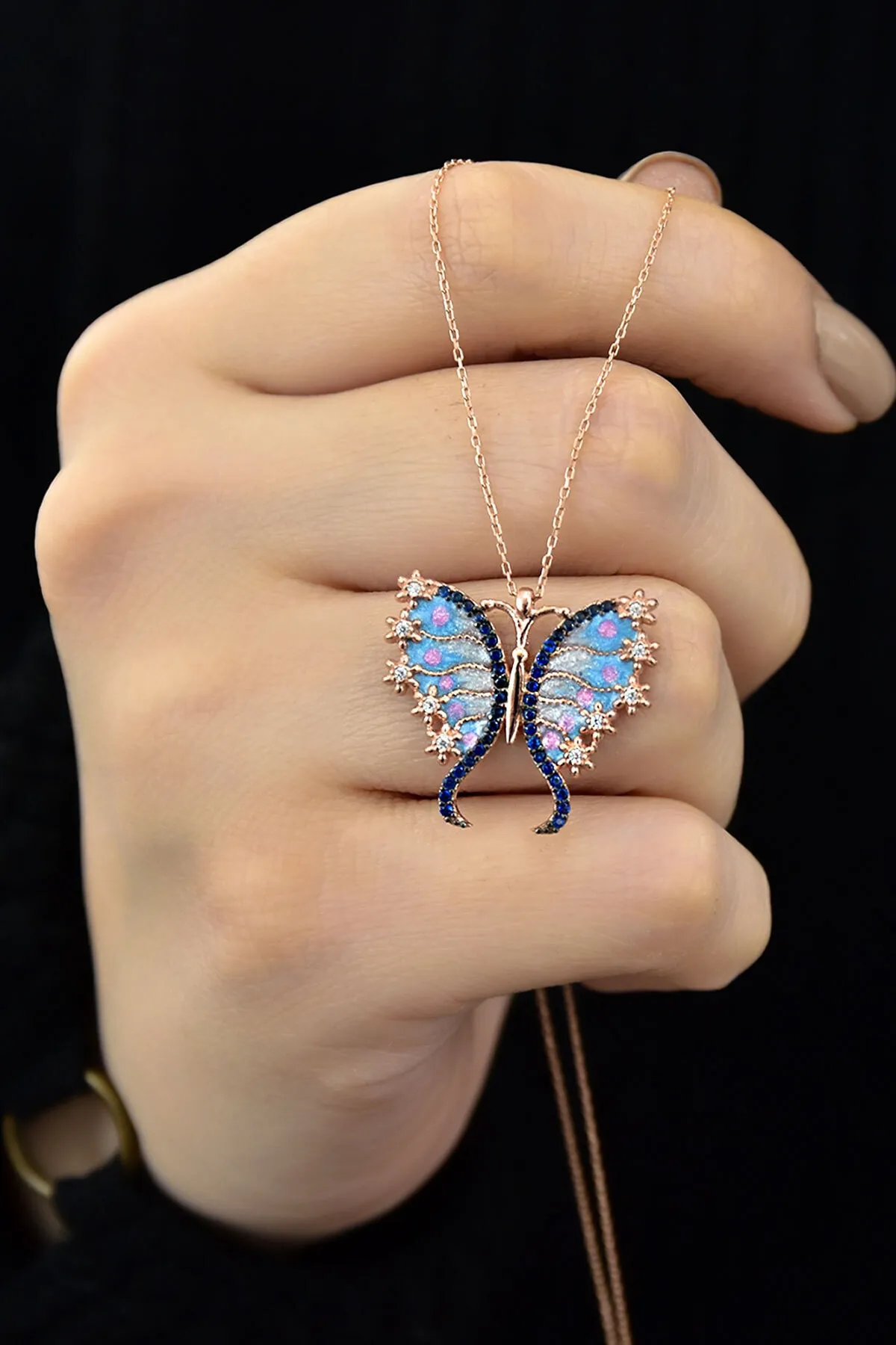 Серебряное ожерелье, модель: бабочка с голубыми камнями ba109 Larin Silver#4