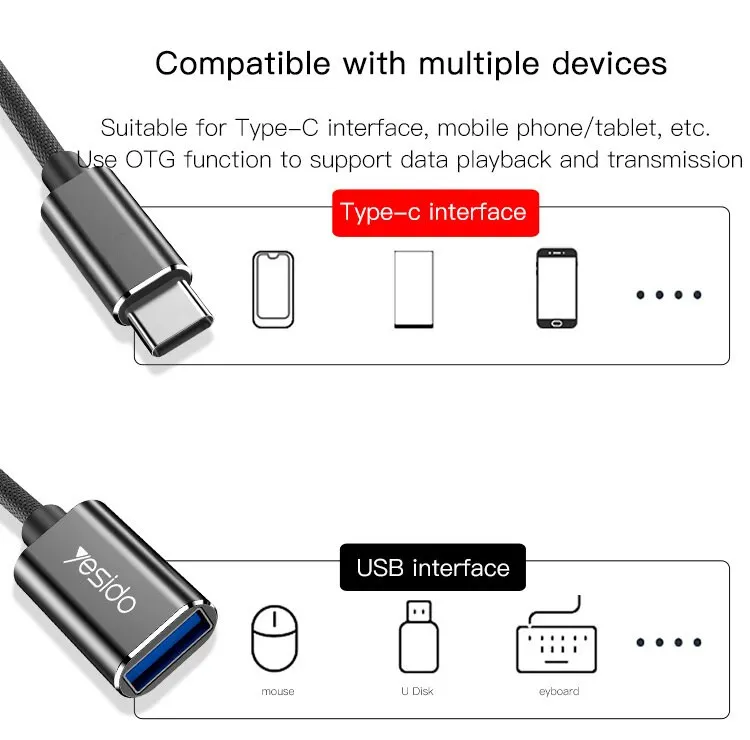 Кабель-адаптер Yesido 2 в 1 с USB на USB C OTG, подходит для HUAWEI VIVO OPPO XIAOMI#4