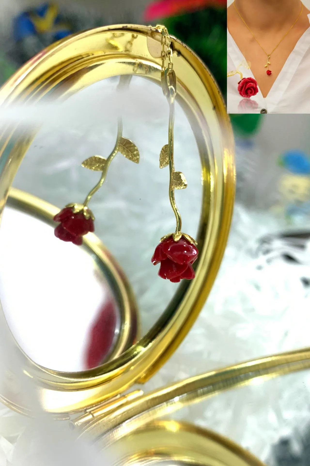 Подарочный набор - роза в колбе, серебряное ожерелье роза, зеркало n0230 SHK Gift#3