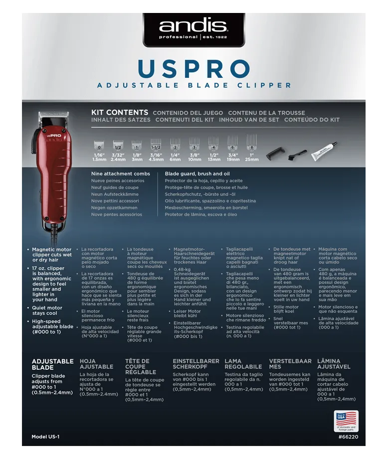 Машинка для стрижки волос Andis US-1 USPro 66220 Metallic Red, 0,5-2,4 мм#5