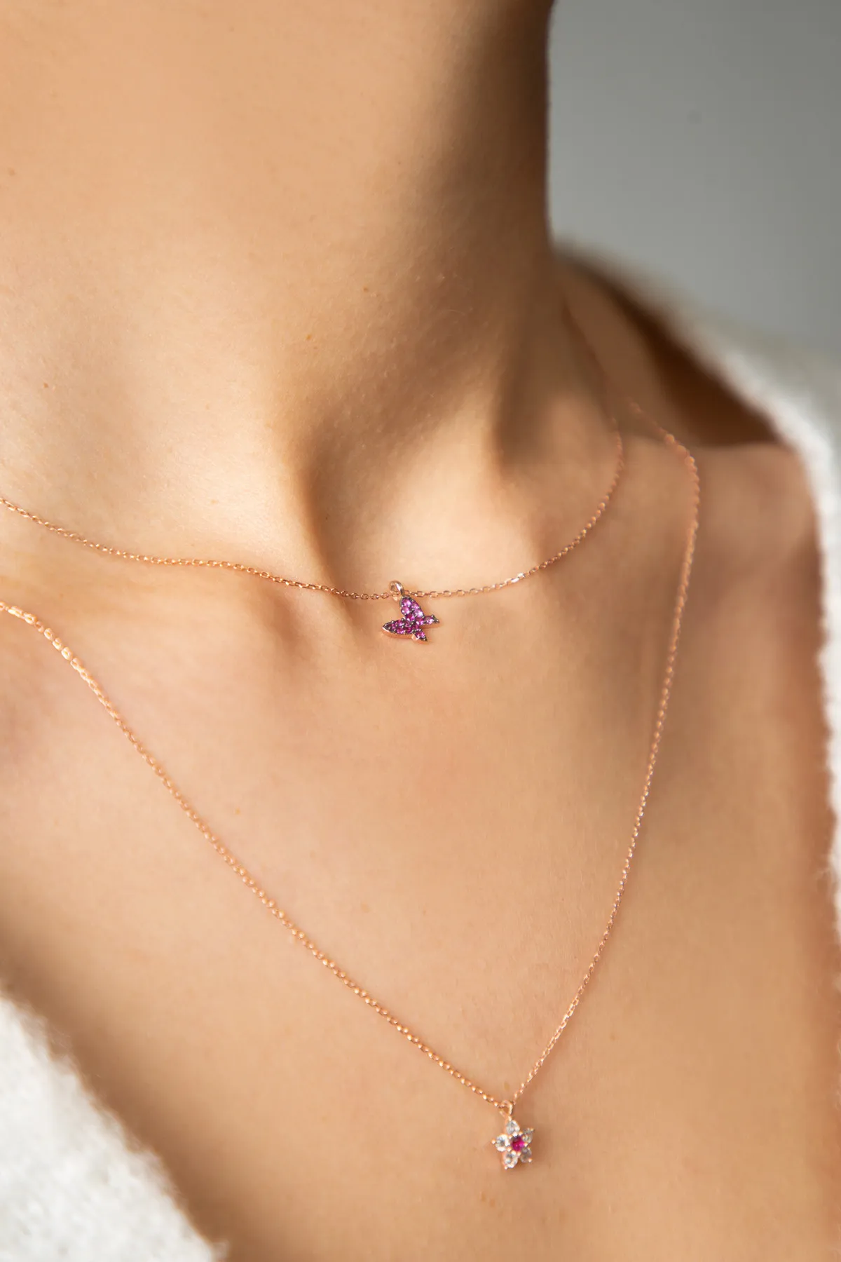 Серебряное ожерелье, модель: розовая бабочка и цветок pp4093 Larin Silver#2