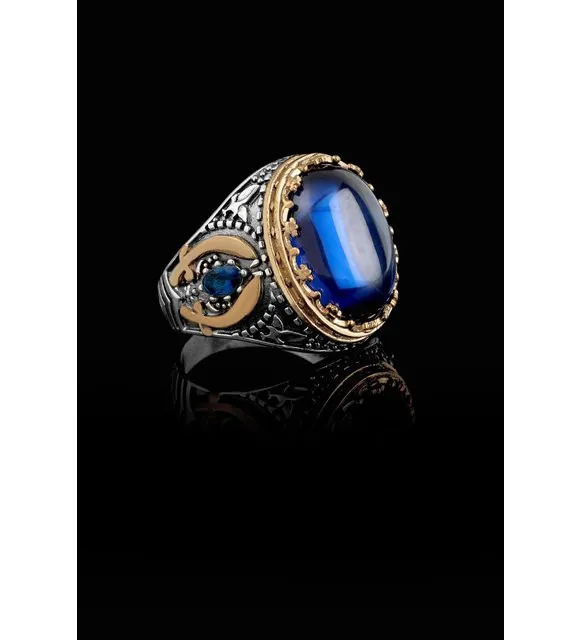 Мужское кольцо - камень синий янтарь (серебро) mr1043 Larin Silver#2