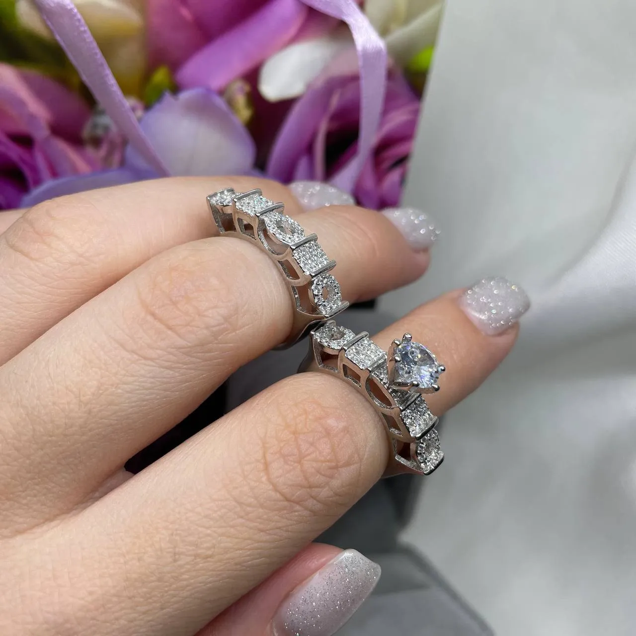 Шикарные парные кольца под бриллиант Серебро 925-проба размер-17 в комплекте 2 штуки#2