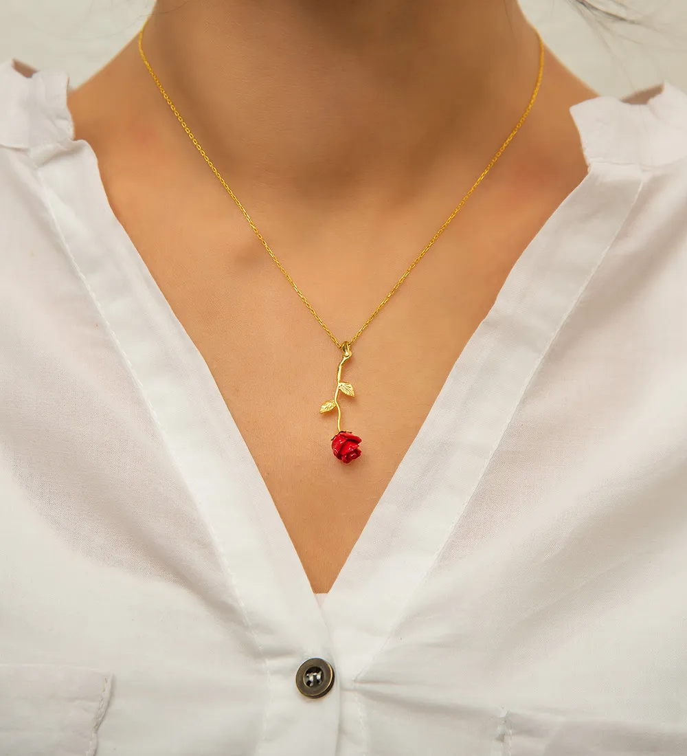 Ожерелье из позолоченного серебра с мотивом красной розы p465 Larin Silver#5