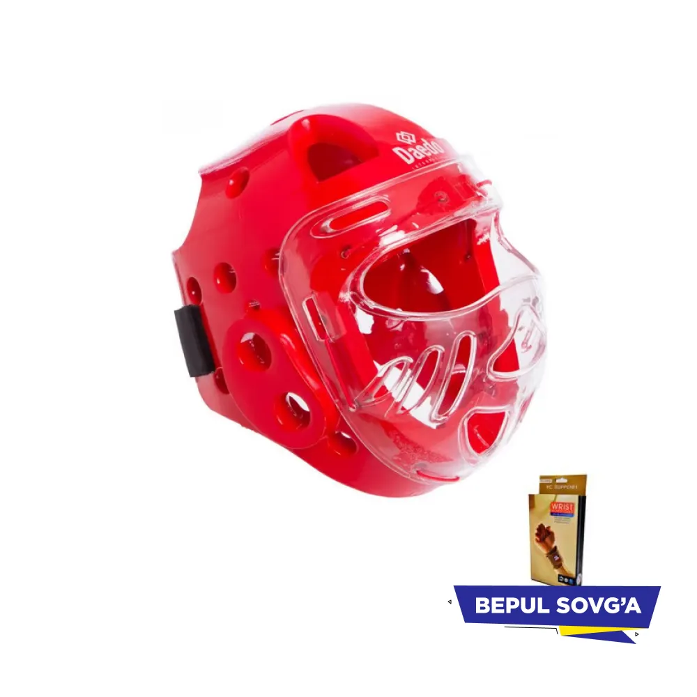 Шлем DAEDO для тхэквондо с пластиковой маской красный + в подарок эластический бинт#1