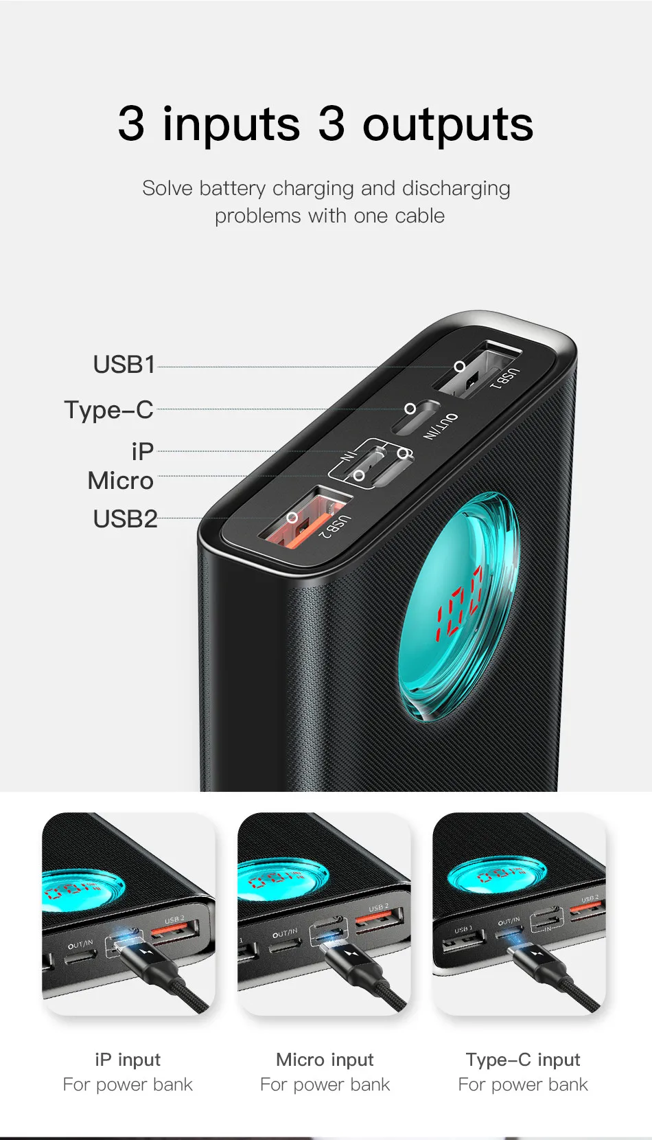 Внешний аккумулятор Baseus Amblight Digital Display Quick charge PD3.0+QC3.0 Power Bank 18W 20000mAh black#5