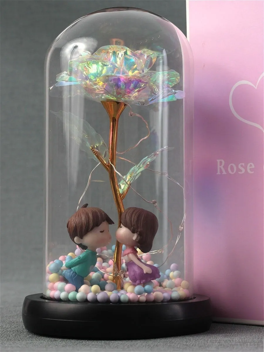 Перламутровая роза в колбе с подсветкой и фигурками - поцелуй sk029 SHK Gift#2