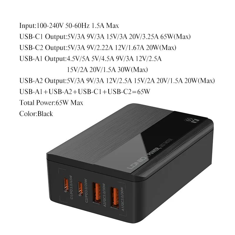 Домашнее зарядное устройство LDNIO (A4808Q) 2USB + 2 Type-C 65 Вт + кабель Micro Black#4