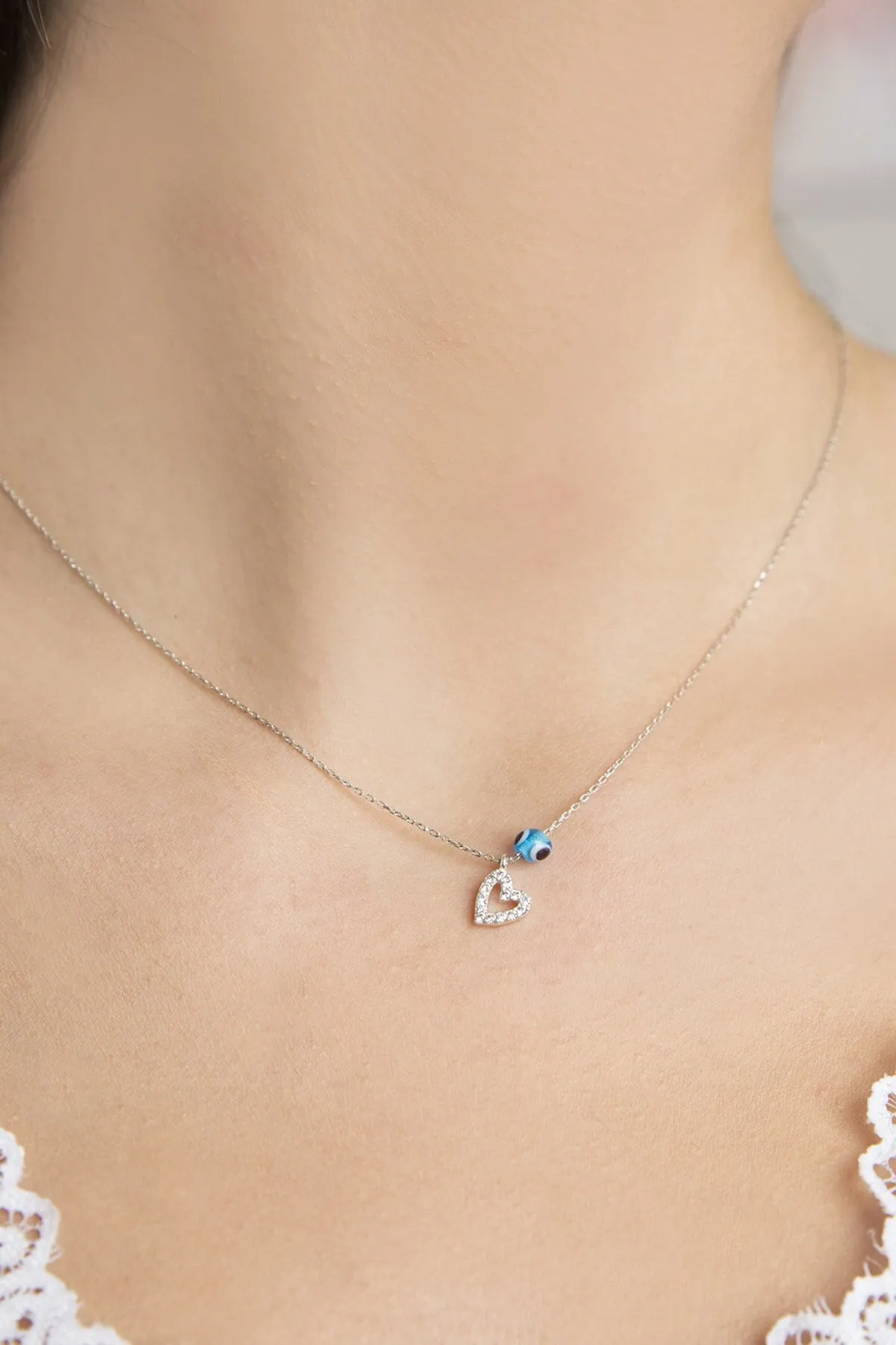 Серебряное ожерелье с сердечкой и бусинкой от сглаза p2047 Larin Silver#3