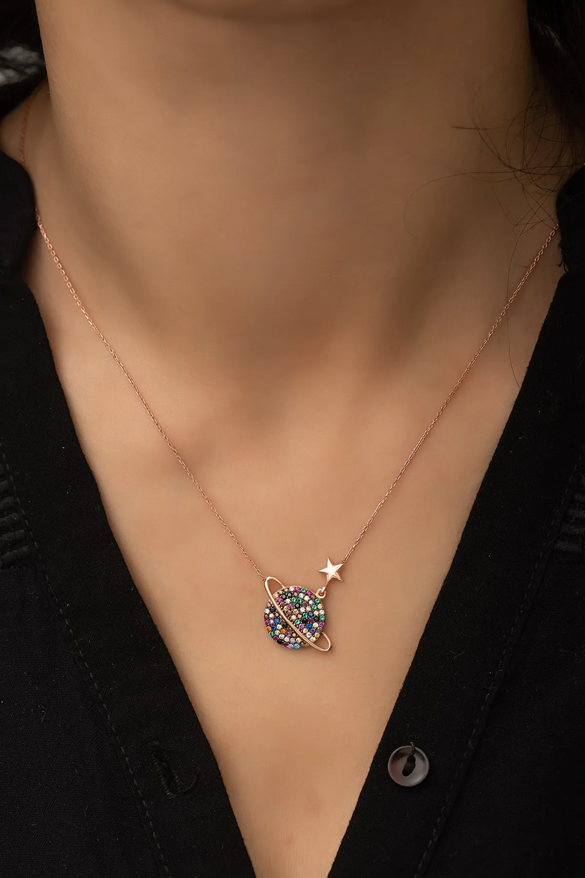 Серебряное ожерелье с розовым покрытием, модель: планета pp2202 Larin Silver#2