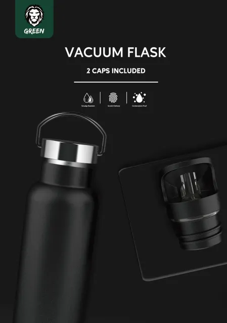 Green Vacuum Flask Бутылка для воды из нержавеющей стали (2 крышки) 600ml / 21oz черный цвет#2