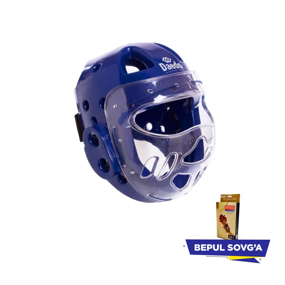Шлем DAEDO для тхэквондо с пластиковой маской синий + в подарок эластический бинт#1