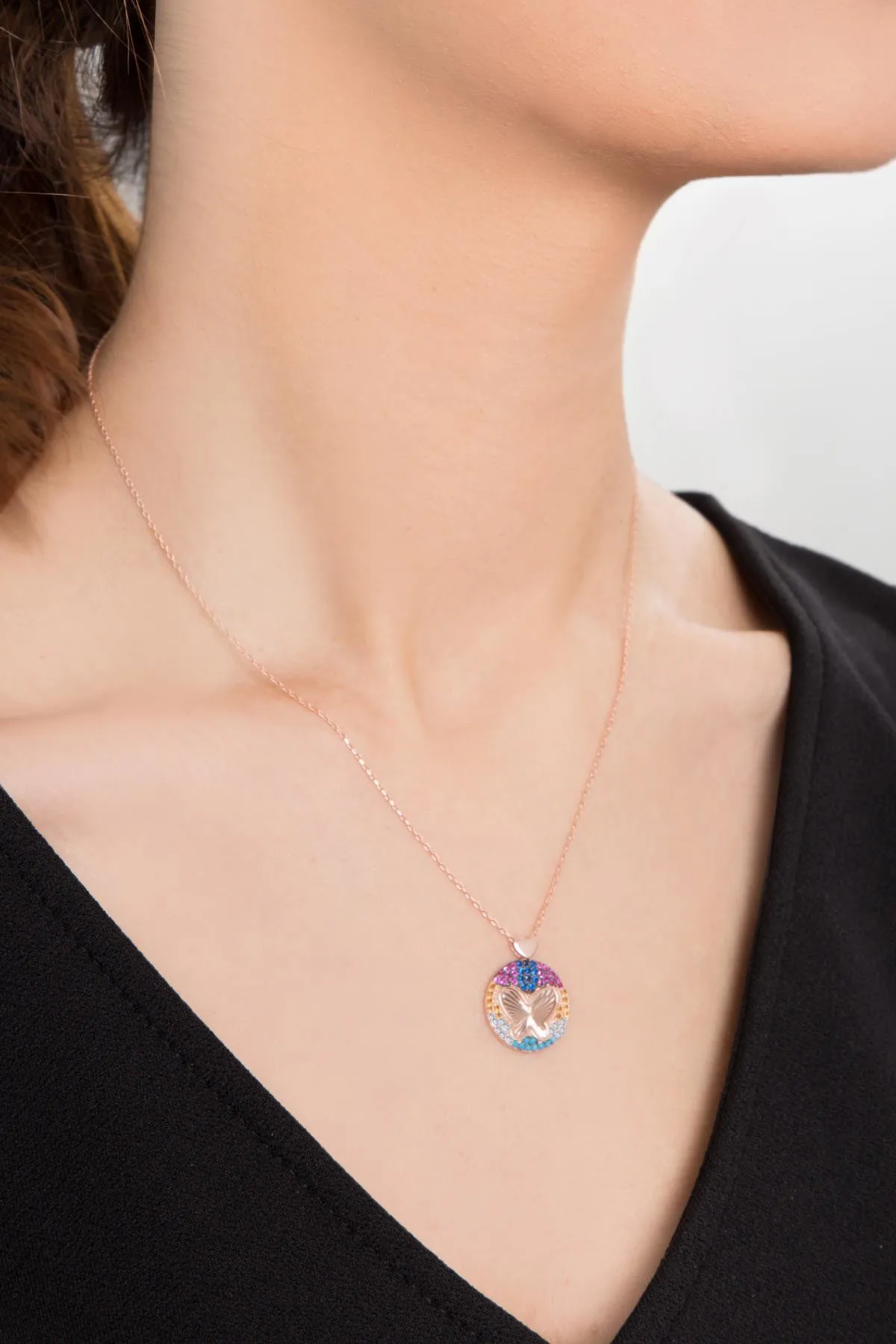 Серебряное ожерелье, модель: бабочки из синего камня, с розовым покрытием pp2523 Larin Silver#2