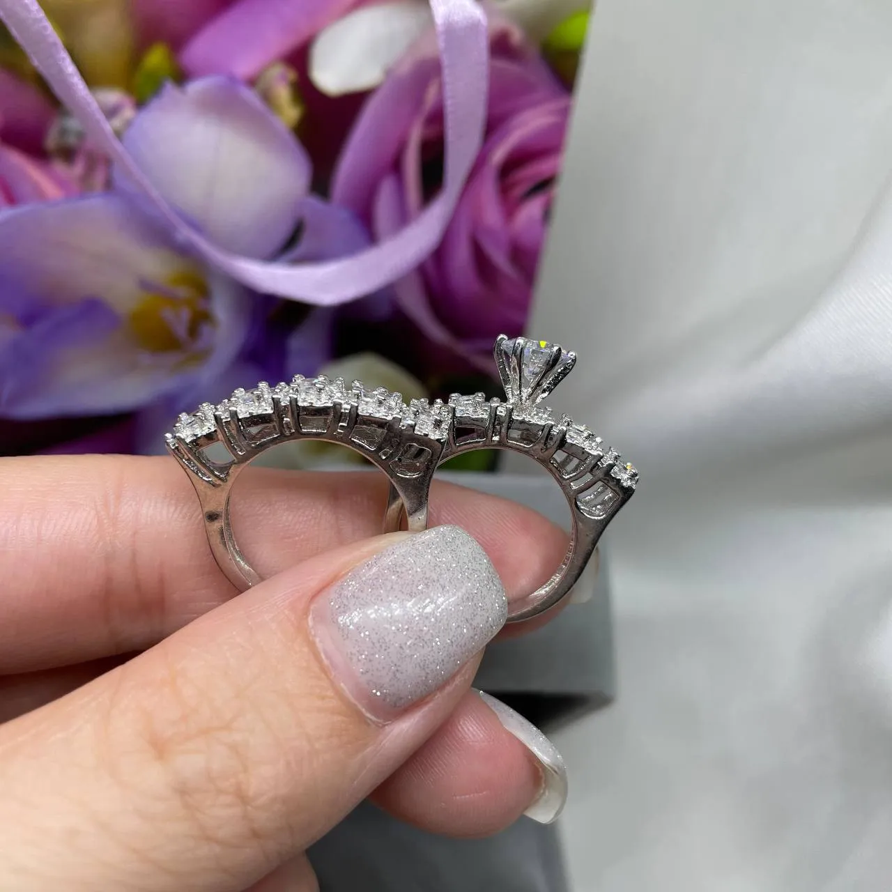 Шикарные парные кольца под бриллиант Серебро 925-проба размер-17 в комплекте 2 штуки#4