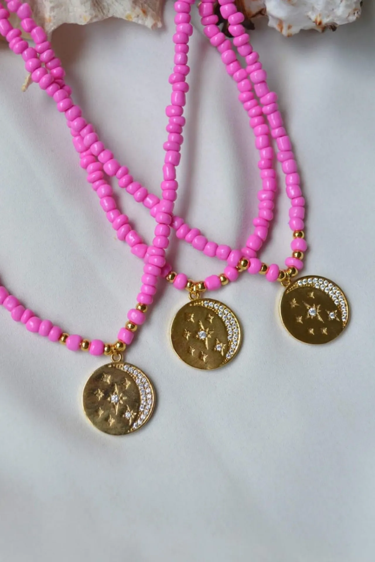 Ожерелье из розового бисера, модель: луна со звездой ti012 Mori#2