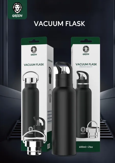 Green Vacuum Flask Бутылка для воды из нержавеющей стали (2 крышки) 600ml / 21oz черный цвет#3