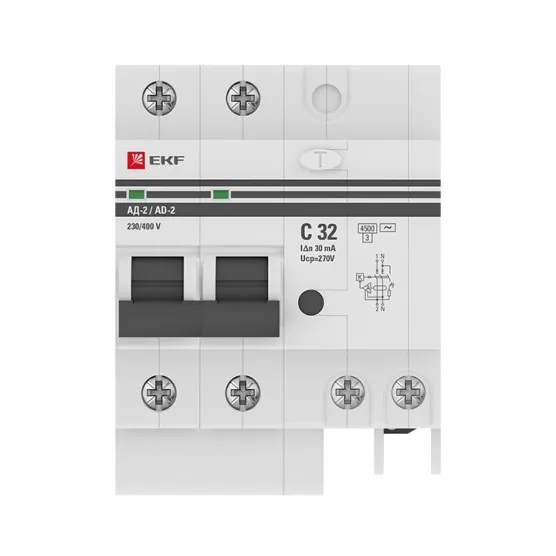 Дифференциальный автомат АД-2 32А/ 30мА (хар. C, AC, электронный) 4,5кА EKF PROxima#2