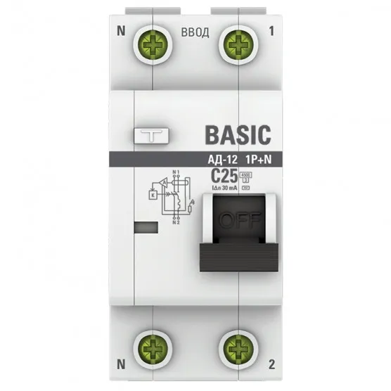 Автоматический выключатель дифференциального тока 1P+N 25А 30мА тип АС х-ка C эл. 4,5кА АД-12 Basic#2