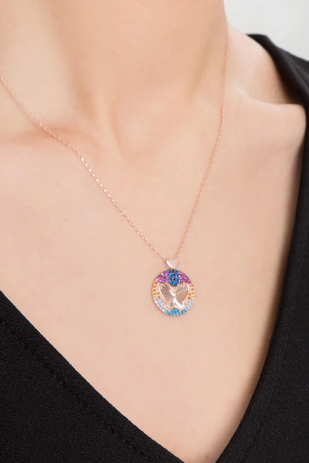 Серебряное ожерелье, модель: бабочки из синего камня, с розовым покрытием pp2523 Larin Silver#4