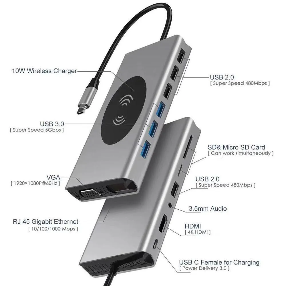 Многофункциональный концентратор USB C 15-в-1 с беспроводным зарядным устройством, от премиум бренда акссесуаров для телефонов BRAVE#6