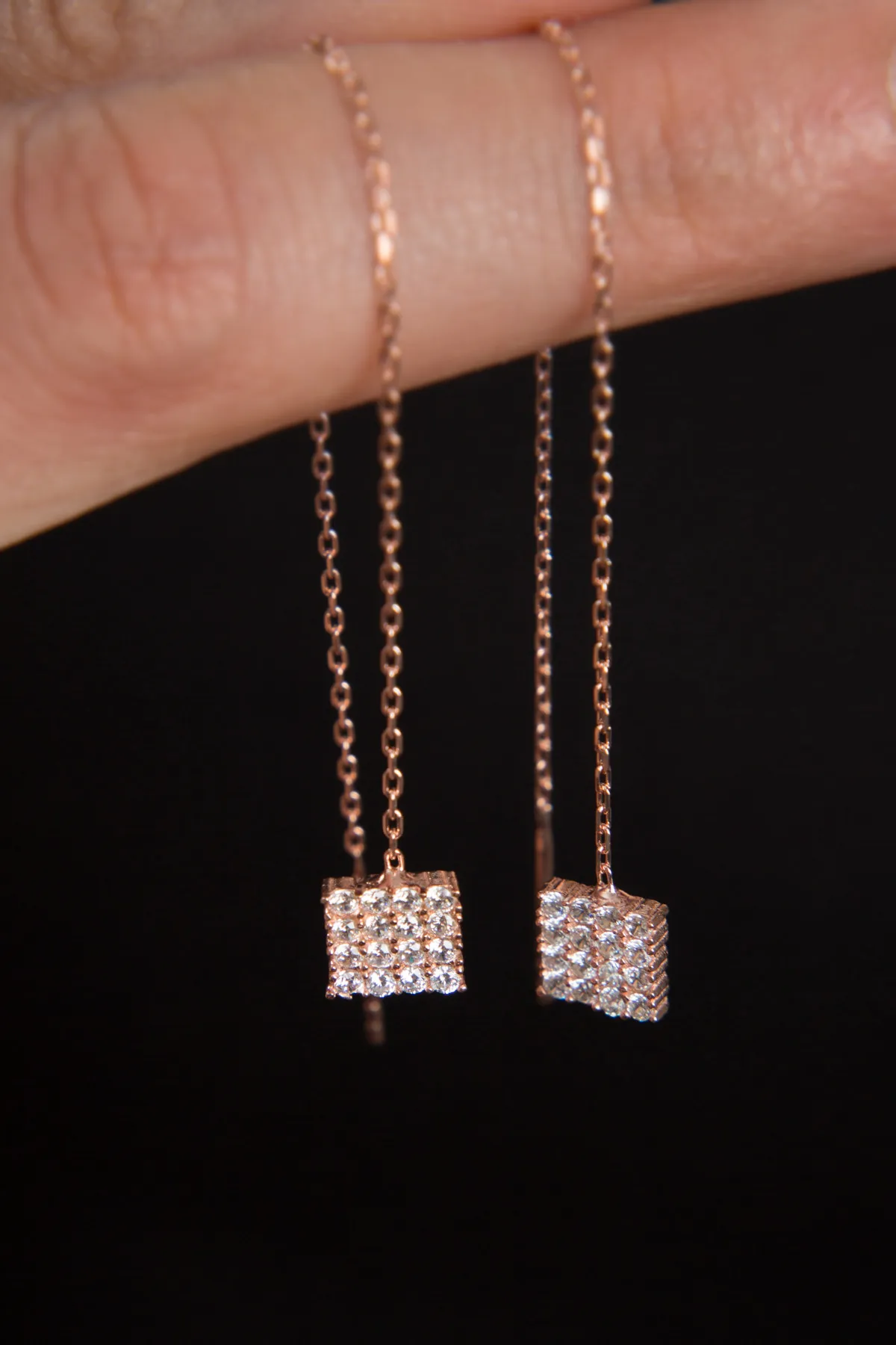 Висячие серебряные серьги с розовым покрытием 925 с квадратной деталью ekr2013 larin silver#2