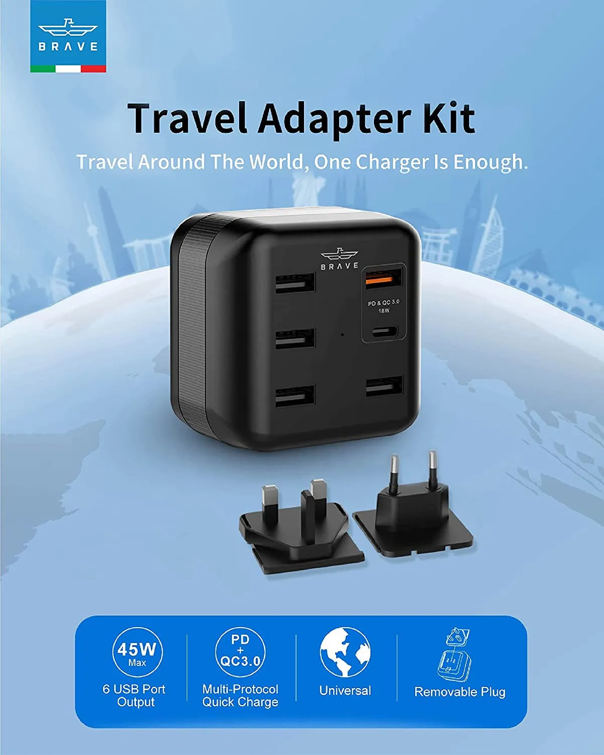 Дорожный адаптер BRAVE 6-портовый USB TYPE-C PD QC 3.0 45 Вт от премиум бренда акссесуаров для телефонов#3