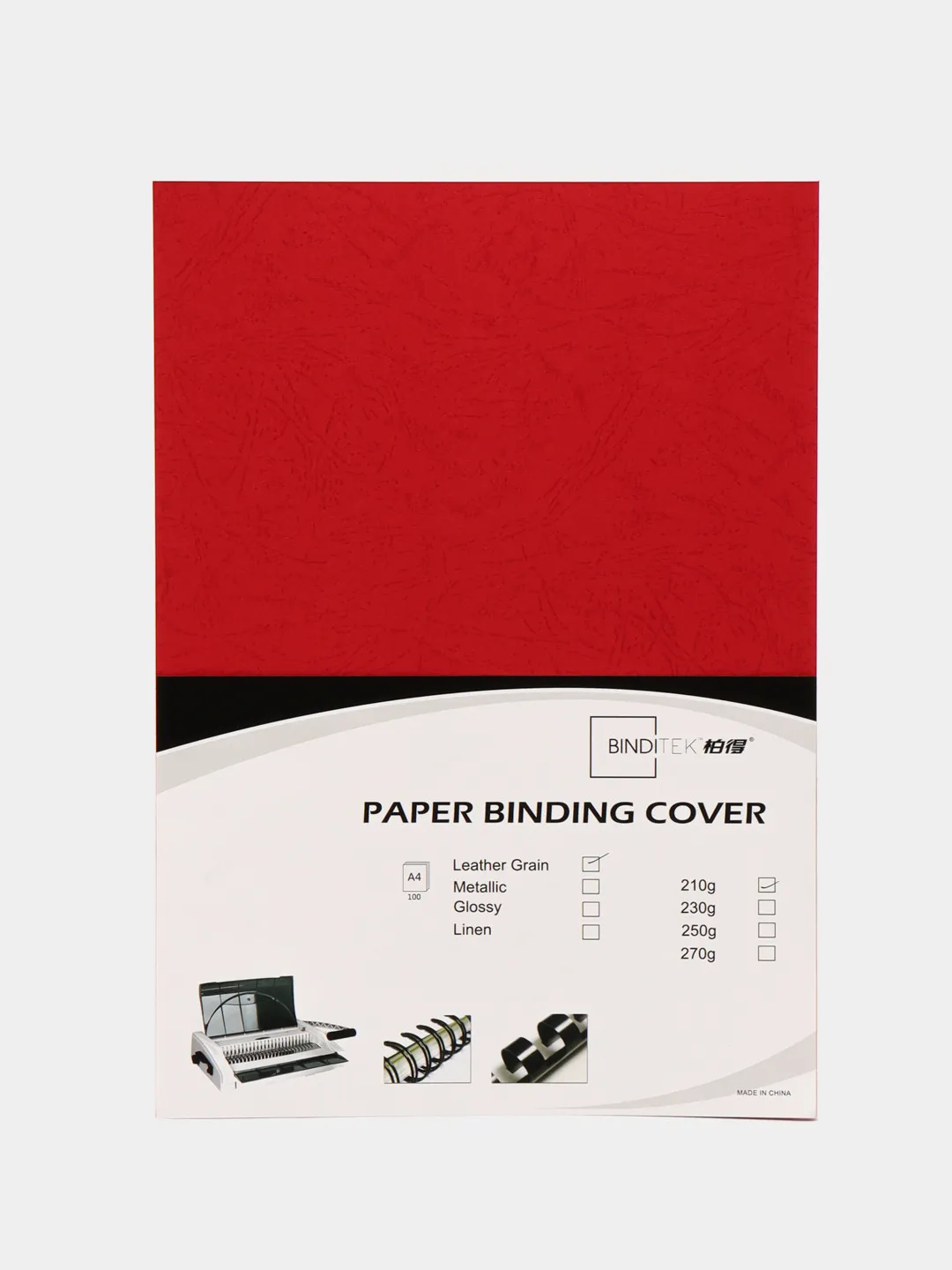 Обложка для переплета карт А4 100 шт 210 гр/м Leather (красный) Bindi#1