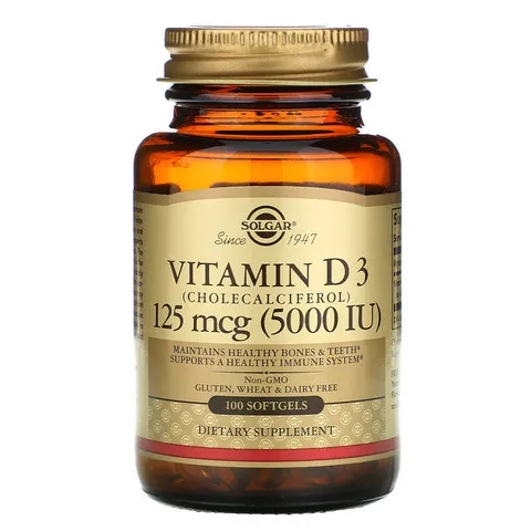 Витамин D3 (холекальциферол), Solgar, 125 мкг (5000 МЕ), 100 капсул#1
