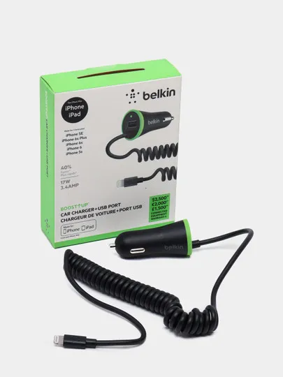 Автомобильное ЗУ Belkin Car Charger 17W USB 3.4A+USB, Lightning 1.2м, black#1