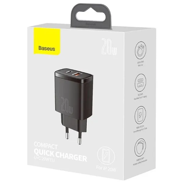 Сетевое зарядное устройство Baseus Compact Quick Charger U+C / 20W EU / Black#1