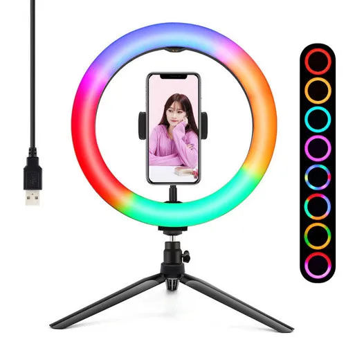 Кольцевая селфи-лампа RGB LED MJ26 (мультиколор, 26см) с держателем для смартфона и штативом#1