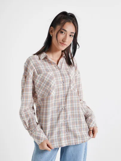 Женская туника-рубашка с карманами, в клетку#1