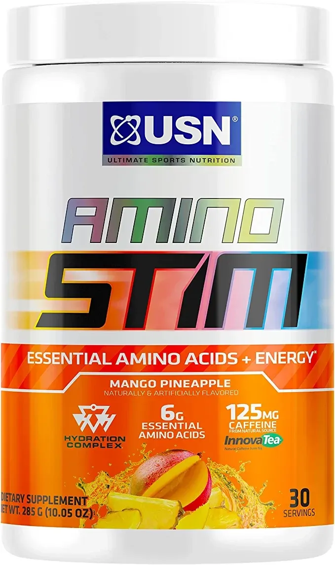 USN Amino Stim EAA (muhim aminokislotalar) + energiya, 125 mg kofein, 6 g asosiy aminokislotalar, namlovchi kompleks, mushaklar o'sishini tiklash, mango ananasi#1