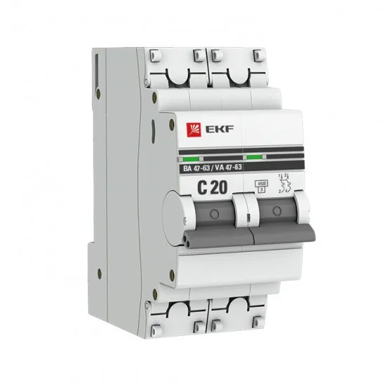 Автоматический выключатель 2P 20А (C) 4,5kA ВА 47-63 EKF PROxima#1