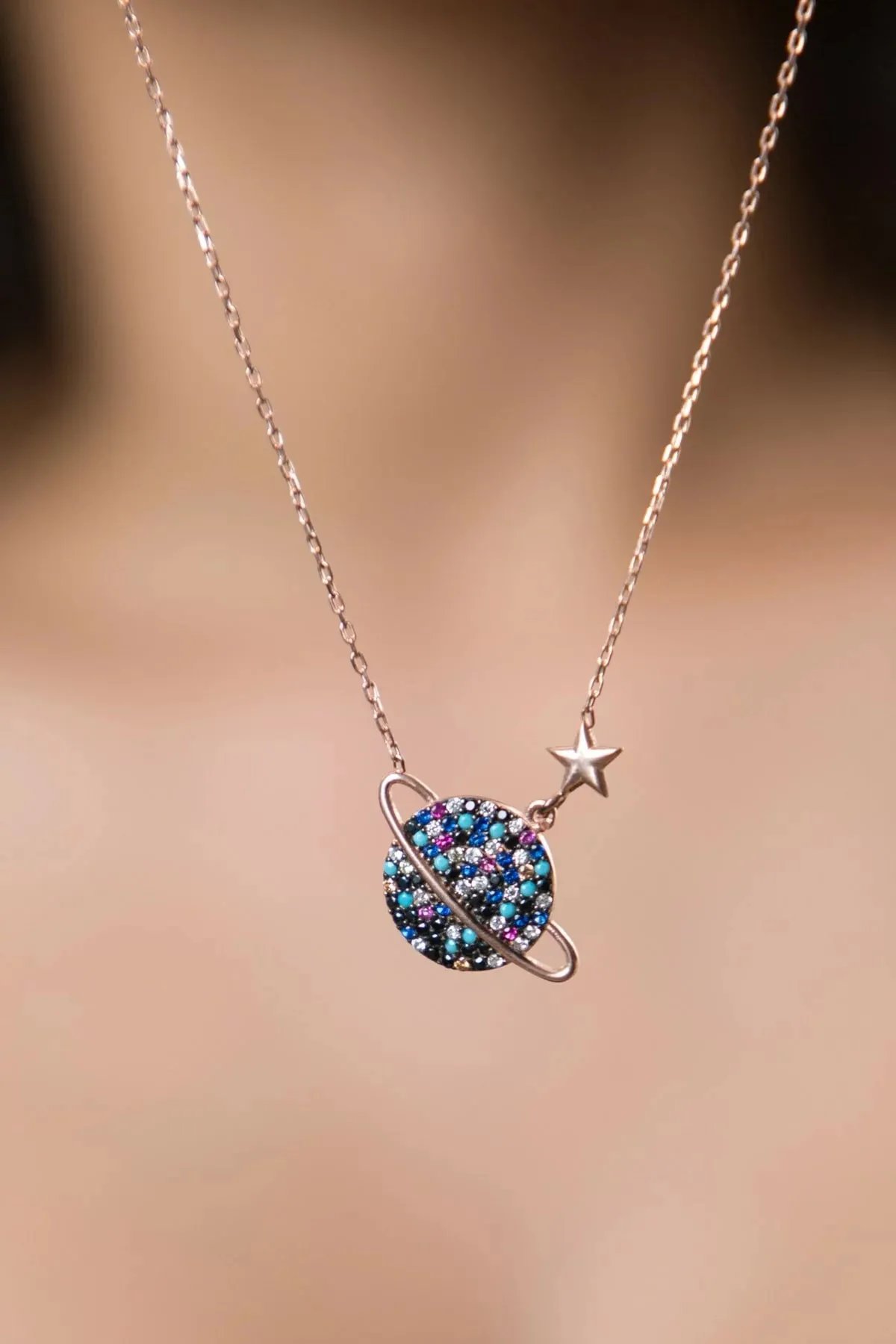 Серебряное ожерелье с розовым покрытием, модель: планета pp2202 Larin Silver#1