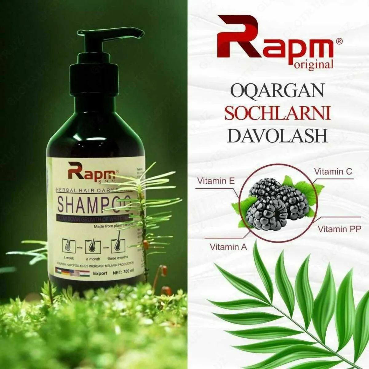 Soch ildizlarini qoraytiradigan shampun-uzum bilan Rapm#1