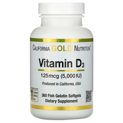 Витамин D3 California Gold Nutrition, 125 мкг (5000 МЕ), 360 рыбно-желатиновых капсул#1