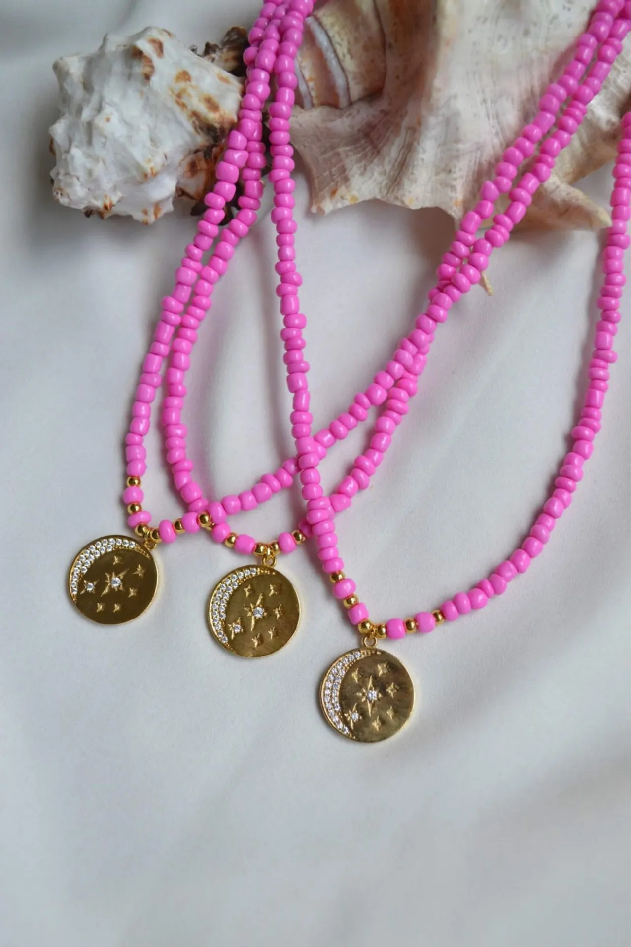 Ожерелье из розового бисера, модель: луна со звездой ti012 Mori#1