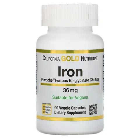 Железо (биглицинат) California Gold Nutrition, Ferrochel, 36 мг, 90 растительных капсул#1