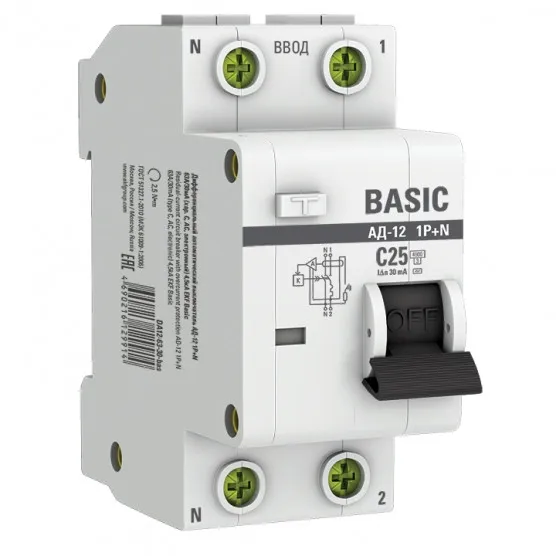 Автоматический выключатель дифференциального тока 1P+N 25А 30мА тип АС х-ка C эл. 4,5кА АД-12 Basic#1