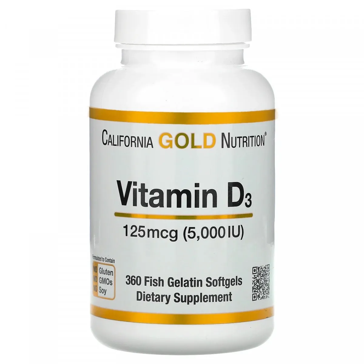 California Gold Nutrition, витамин D3, 125 мкг (5000 МЕ), 360 капсул из рыбьего желатина#1