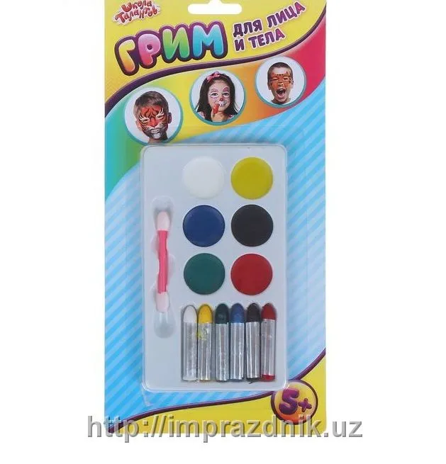 Грим для лица и тела, 6 цветов - 6 карандашей и 6 цветов для нанесения апплик, аппликатор#1