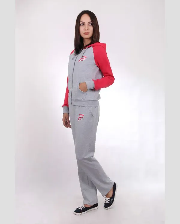 Женский спортивный костюм серый с красным копюшоном#2