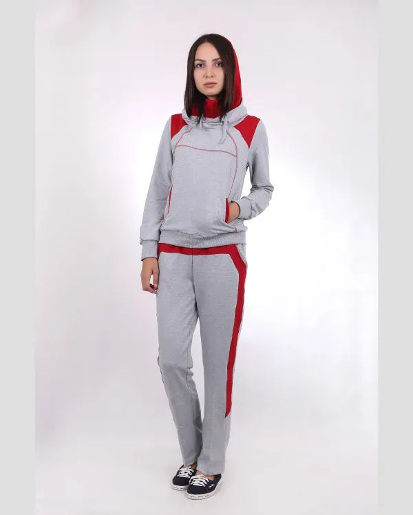 Комплект женский худи и штаны серые в красную полоску#1
