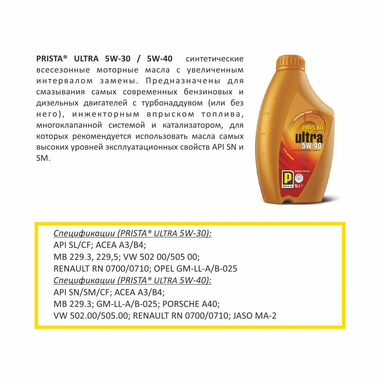 Синтетические, моторные масла Prista Ultra 5W-40#1